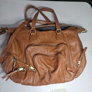 ModCloth Cognac Brown Vegan Leather Multi Pocket Satchel Crossbody Bag Womens